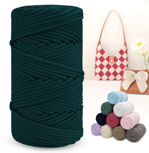 LEREATI Polyester Garn 150m Makramee Garn 4mm Geflochten Polyester-Seil Farbig Häkelgarn, Macrame Cord 4mm für Häkeltasche Umhängetasche Handtasche Geschenk Strickwaren (Dunkelgrün)