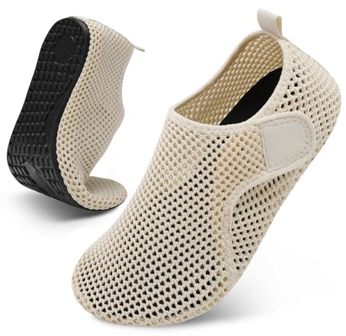Scurtain Barfuß-Wasserschuhe für Damen und Herren, Strand, Schwimmen, Aqua-Socken, Sommer, schnell trocknende Sandalen, Hausschuhe, Meshbeige, 10.5-11 US Women/8-9 US Men