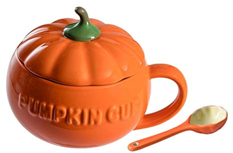 GOOHOCHY Kürbis Keramiktasse mit Löffel und Deckel, Orange, Klein