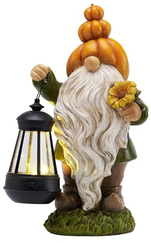 TERESA'S COLLECTIONS Herbstdeko Draußen, Gartenzwerge mit Solarlaterne 29cm | Herbst Gartenwichtel groß Wetterfeste mit Solarleuchte,Kürbis deko aus Kunstharz,Fall deko Erntedank Geschenk