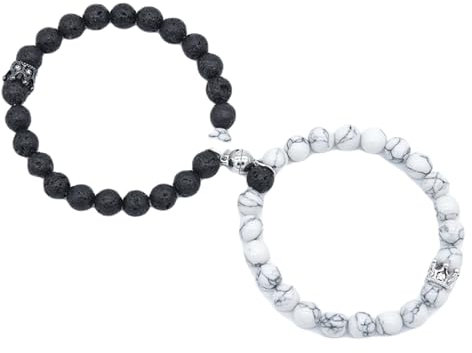 Wycian Partnerarmband 2er Set, Magnetarmband Pärchen Perlen Lavagestein Kristall Weiß Schwarz Kronenpaar Perle 21.5cmx8mm Naturstein für Jahrestag