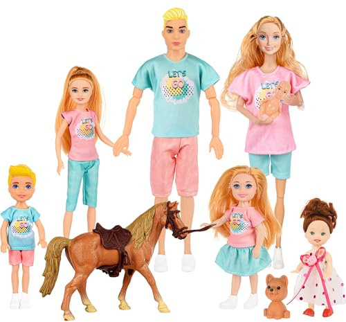 Familie Puppen Set von 7 Personen mit Welpen und Pferd Zubehör Inklusive 11.5 Zoll schwanger Mama, Papa, 4 Kinder und ein Baby im Bauch der Mutter für 3-12 Jahre Kleinkind Geschenk (Geschenkbox Paket)