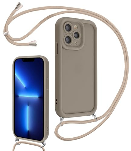 Coalbooliy Cover per iPhone 13 Pro 6,1 con Cordino per Cellulare, Custodia Silicone con Regolabile Collana Sottile Morbida Case Protezione della fotocamera Antiurto con Necklace, Cachi
