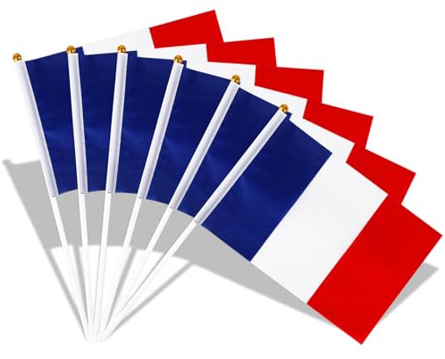 SULOLI 30pcs Petit Drapeau Français，14 * 21cm Drapeaux à Main—Mini Drapeaux Français avec Poteau Blanc de 30cm pour Fête Nationale Décor