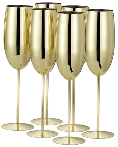 Oak & Steel 6 Gold Champagne Flutes, 280ml - Stainless Steel Gold Prosecco Glasses with Gift Box