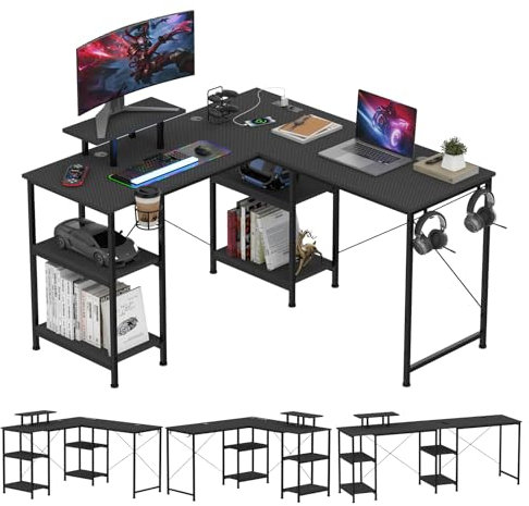 HAMHAIGO Großer Schreibtisch 210cm Eckschreibtisch Computertisch mit Steckdose Schreibtisch L-förmig mit Regalen und Haken PC Tisch ideal für Schlafzimmer, Wohnzimmer und Büro