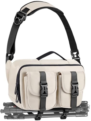 TAAOKA Kameraslingväska, SLR/DSLR kamerafodral med stativhållare, vattentät kamera axelväska över kroppen för fotografer, BEIgE, 12.6 x 5.1 x 7.8 inches, Mode