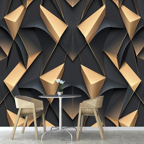 Geometría Triángulos Láminas Oro Papel Tapiz Fotográfico, Geometría De Metal Negro Mural Papel Pintado Efecto 3D, 150×105cm Decoración Papel Pintado Sala Estar Dormitorio