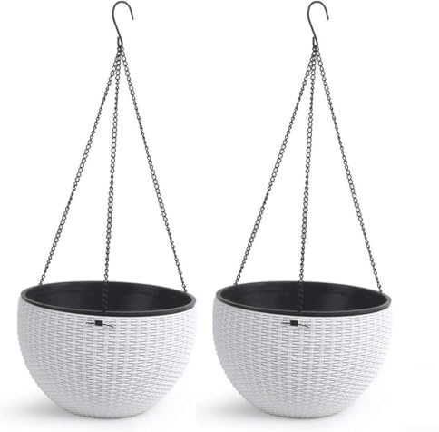 2 Pcs Hanging Plant Basket Outdoors Plastic White Self Watering Hanging Plant Pots with Chain Hooks and Drainage Flower Holder for Plants Flowers Indoor Herbs Violets