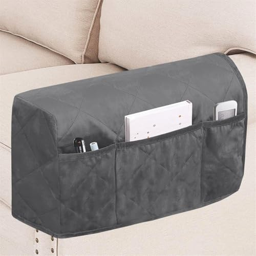 BXFUL Samt Armlehnenbezüge 2er Set mit Seitentaschen rutschfeste Sofaschoner für Hunde, Universell für Sofas, Sessel Liegesessel, Maschinenwaschbar (Grau)