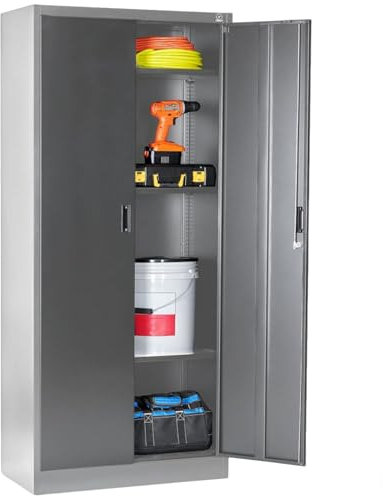 Stahlschrank 180x80x40 cm mit 2 Türen abschließbar - Metall Aktenschrank, Werkzeugschrank für Büro, Garage, Fitnessstudio (Grau)