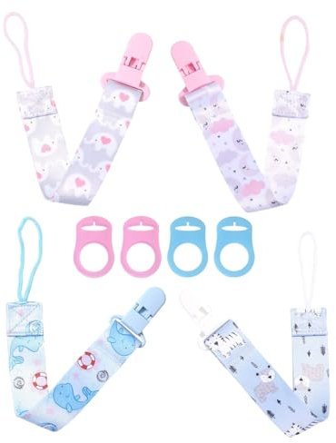 KEMUZ Lot de 4 tétines chaîne pour enfants, chaîne porte-sucette avec 4 4Pcs Adaptateur de Sucette Convient, clip adaptateur pour Nouveau-né pour Naissance Baptême Anniversaire Cadeau de Noël
