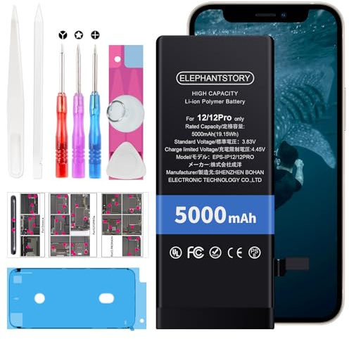 ElephantStory Batterie pour iPhone 12/12 Pro, 5000 mAh Remplacement Interne Haute Capacité Batterie pour A2403 A2404 A2172 A2402 avec Guide et Tous Les Outils de Réparation