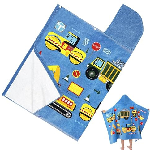 Toalla De Playa Con Capucha Para Niños, Poncho Toalla Infantil con Diseño de Vehículos de Construcción, Cubierta De Envoltura Suave Absorbente De 127 X 76 Cm Para Viajes A La Piscina De Niños Y