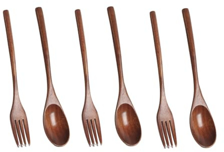 6 Pcs Wooden Spoon and Fork Set Wooden Utensil Set for Eating and Mixing Japanese Style Tableware Lunch Utensil Set Spoons and Forks for Salad and Soup