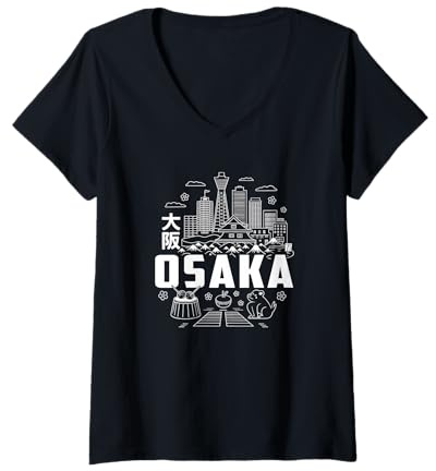 Mujer Osaka Japan Skyline - Recuerdo japonés Kanji para viajeros Camiseta Cuello V