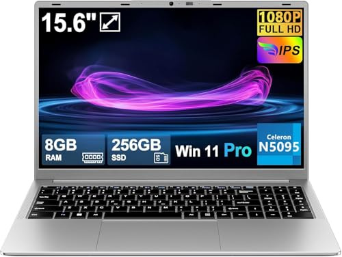 2025 PC Portatile 15.6 Pollici Celeron N5095 Upto 2,9 GHz Win11 Pro Laptop 8GB RAM 256GB SSD TF 1TB LPDDR4 5G WiFi 1920*1080 FHD USB 3.0 Widevine L1 Computer Portatile Con il Topo Film Italiano Silver