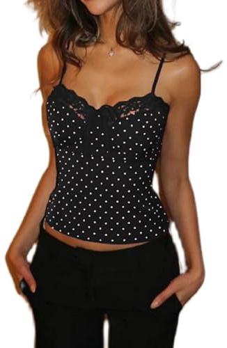 Women Y2k Polka Dot Cami Top Spaghetti Strap Lace Trim Camisole Low Cut Satin Crop Tank Sleeveless Going Out Top