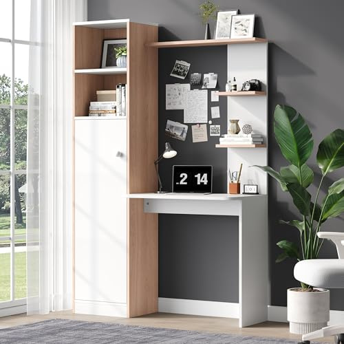 DACHETOU Tavolo da lavoro/scrivania 123,5 x 45 x 168,5 cm con portaoggetti, bianco con contrasto in legno, armadio inferiore con ante e ripiano superiore aperto, design ufficio