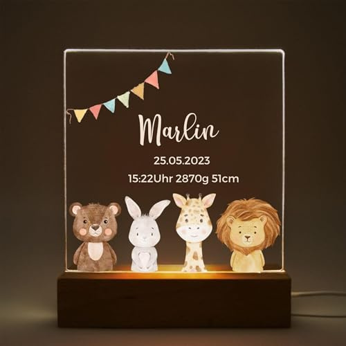 Mainely Personalisierbares LED-Nachtlicht Bär Hase Giraffe Löwe – sanftes Schlummerlicht & Kinderzimmer-Deko – für Babys & Kleinkinder – mit Name, Geburtsdaten oder Taufdatum