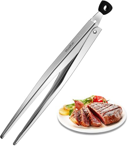 Huakai Locking Stainless Steel Kitchen Tongs, 12-inch Grill Tongs,Heat-Resistant up to 600°C, Precision Serrated Tip Design,Easily Grab and Flip Toss Steaks, Bread, Pizza, Salads, and Grilled Foods
