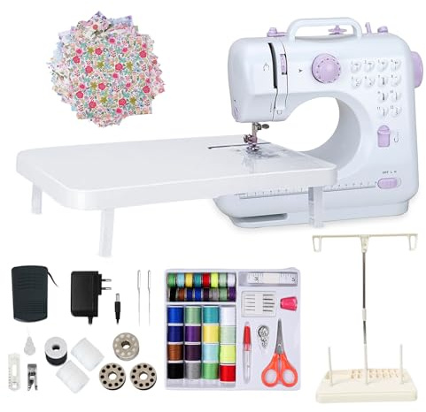 Mini máquina de coser eléctrica 505A, 12 puntos, máquina de coser doméstica con placa de expansión y kit de costura completo, doble alimentación, pedal de velocidad, ideal para principiantes y
