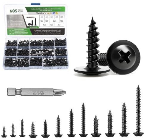 605 tornillos autorroscantes, M2 M3 M4, tornillos de carrocería, tornillos de cabeza plana en cruz, surtido de tornillos, tornillos de cabeza alomada negros para madera, metal, plástico (negro)