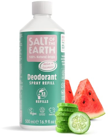 Salt of the Earth – Påfyllning till naturlig deodorantspray | Melon & Gurka 500ml påse – 5 påfyllningar för sprayflaska, långvarigt skydd och vegansk formula, 100 % naturligt ursprung
