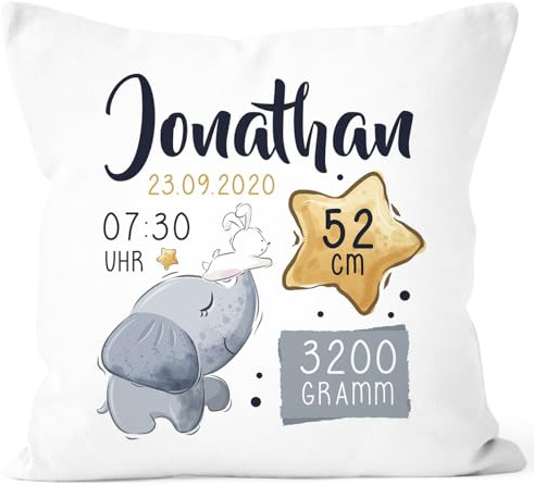 SpecialMe® personalisierbarer Kissen-Bezug zur Geburt Elefant Hase Stern Geburtskissen Geschenk Geburt Baby Weiss 40cm x 40cm
