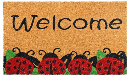 AMARU DOOR MATS - Zerbino Cocco Ingresso Esterno, Coccinelle, 70x40 cm | Fibra di Cocco 100% Naturale, Spesso, Colori Vivaci, Base Antiscivolo in PVC, Interno ed Esterno, Cattura Sporco e Umidità