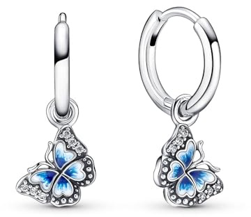Pandora Moments Pendientes de aro de plata de ley con forma de mariposa con circonita cúbica transparente, esmalte azul matizado y blanco