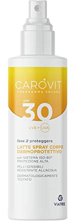 Carovit Protezione Solare Spray, SPF 30, Protegge da UVB e UVA, Latte Corpo Dermoprotettivo per Pelli Sensibili, 200 ml