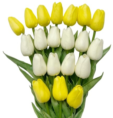 HEPENG Real Touch Tulpen Set | 20 Kunstblumen in Weiß & Gelb (32 cm) | Wetterfeste Deko für Hochzeit, Balkon & Büro | UV-Beständig & Schimmelresistent