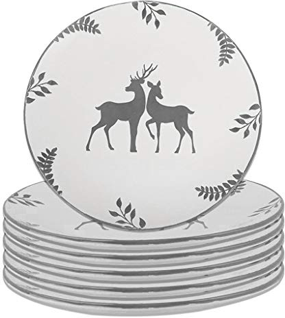 Dinner Plate Set of 6 Christmas Reindeer Stoneware Dinner Plates (Grey) | Dishwasher Safe, Microwave Safe, Hand Finished, Ceramic, Glazed, Stag, Tableware, Christmas Crockery