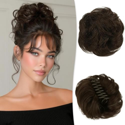 RUWISS Echthaar Dutt mit Klammer, Messy Bun Haarteil Echthaar Dutt für Dünnes Haar Locken Gewellt Haardutt Haarteil Clip für Damen (Natürl Braun)
