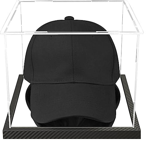Clear Hat Display Case Acrylic Baseball Cap Holder Stand Transparent Hat Storage Box Dustproof Square UV Protection Cabinet with Carbon Fiber Skin Base and Removable Mirror Base