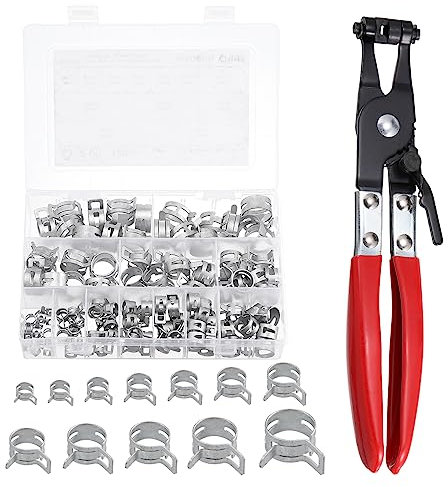 sourcing map 121Pcs 7-22mm 12 Size Spring Band Hose Clamp with Swivel Clamp Plier Assortment Kits, Fuel/Silicone Vacuum Hose Pipe Clamp Low Pressure Air Clip Clamp, Silver Tone