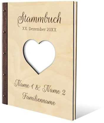 Personalisiertes Stammbuch Hochzeit aus echtem Holz mit Leder Rücken A5 oder A4 inkl. vorgedruckten Seiten - Herz