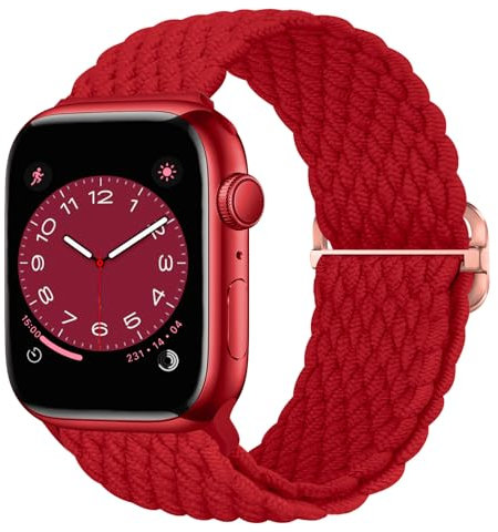 Nepfaivy Geflochtenes Armband Kompatibel mit Apple Watch Armband 40mm 42mm 41mm 38mm für Damen Herren, Nylon Stoff Sport Elastisches Ersatzarmband für iWatch Series 11/10/9/8/SE/7/6/5/4/3/2/1, Rot