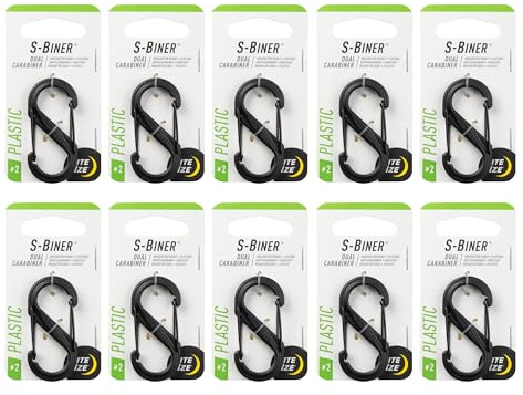 Nite Ize S-Biner Plastic Dual Carabiner - Durable Dual Carabiner with Wire Gate Closure for Organizing Keys & Keychain Attachments - Size 2, Black (10 Pack)