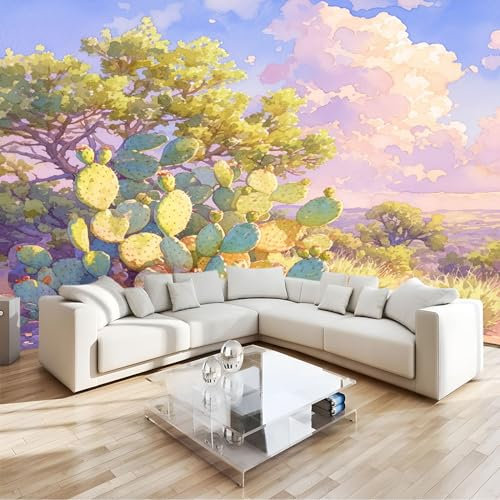 3D Photo Wallpaper Mural Painted Cactus Non-Woven Art Print Murals, Indoor Luxury Wall Painting for Living Room Tv Backdrop Kids Room Decor W400 X H280 Cm
