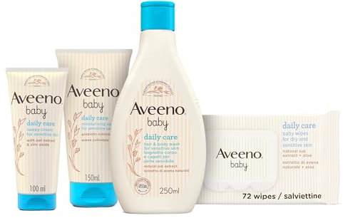 Aveeno Baby Set Cura Neonato con Pasta Cambio Pannolino 100 ml, Detergente Bagnetto Corpo e Capelli 250 ml, Crema Idratante 150 ml e Salviettine per viso e corpo 72 pezzi – Esclusiva Amazon