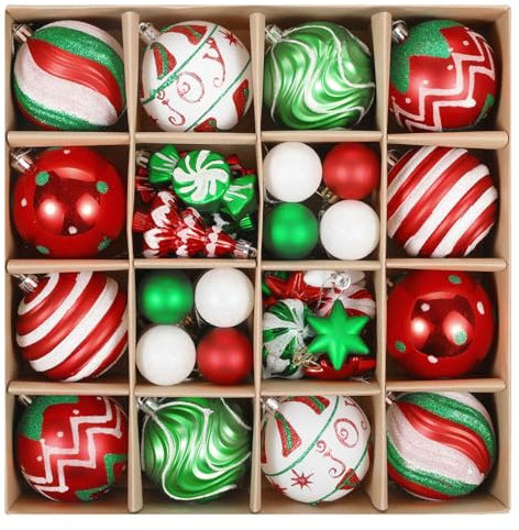 SVNVIOZ 42 Stück 8cm Weihnachtskugeln rot grün Weiß, Christbaumkugeln Kunststoff Deko Weihnachten, Bruchsicher Weihnachtsbaumschmuck mit Aufhänger, Weihnachtsbaumkugeln für Weihnachtsdeko Innen Aussen