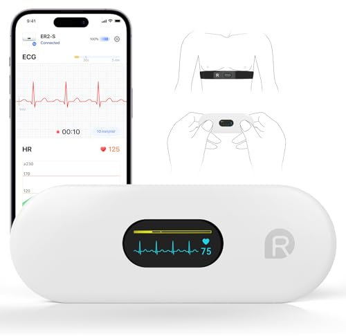 CheckMe ER2-S Wearable ECG Monitor for Home Use, Chest Strap Heart Rate Monitor, 30s - 15mins, APP Real-time Waveforms, Unlimited Data Storage, 0.96 inch OLED Screen, for iOS & Android