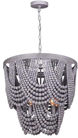 Nicole Chandelier - 5-Light, 60W Type C, Grey Real Wood Beads, 18.5 W x 23 H, Unique Design for Dining Rooms, Living Areas