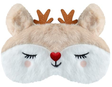 VerteLife Schlafen Augenmaske Weihnachten Schlafbrille Weiche Plüsch-Schlafmaske Neuheit Reisen Augenabdeckung Cartoon Tier Augenbinde für Damen und Herren (Weihnachtsgeweih,Weiß)