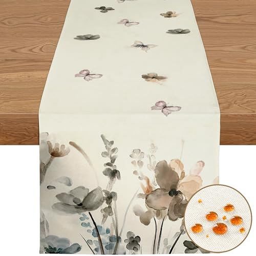 YCOLL Deko Frühling Pflanzen Blumen Tischläufer Frühling Küche Esstisch Dekoration Tischläufer Wasserabweisend, Outdoor Abwaschbar für Esszimmer Party Dekoration