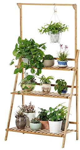 Bamboo Plant Stand 3 Tier Display Rack for Plants Foldable Bamboo Ladder Shelf with Hanging Planter Design 56 Height Plant Holder for Home Garden Patio Balcony/Woodcol