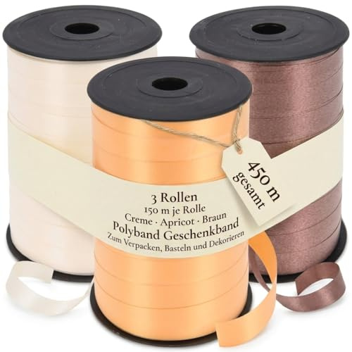 Set Ringelband Polyband Geschenk-Band Geschenkschleifen zum Basteln und Verpacken - glänzend & matt sortiert (creme - apricot - braun, 3 Rollen Geschenkband je 150m)