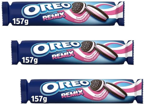 Oreo Remix Galletas de Cacao Rellenas de Crema Sabor Frambuesa y Vainilla 157g (Paquete de 3)